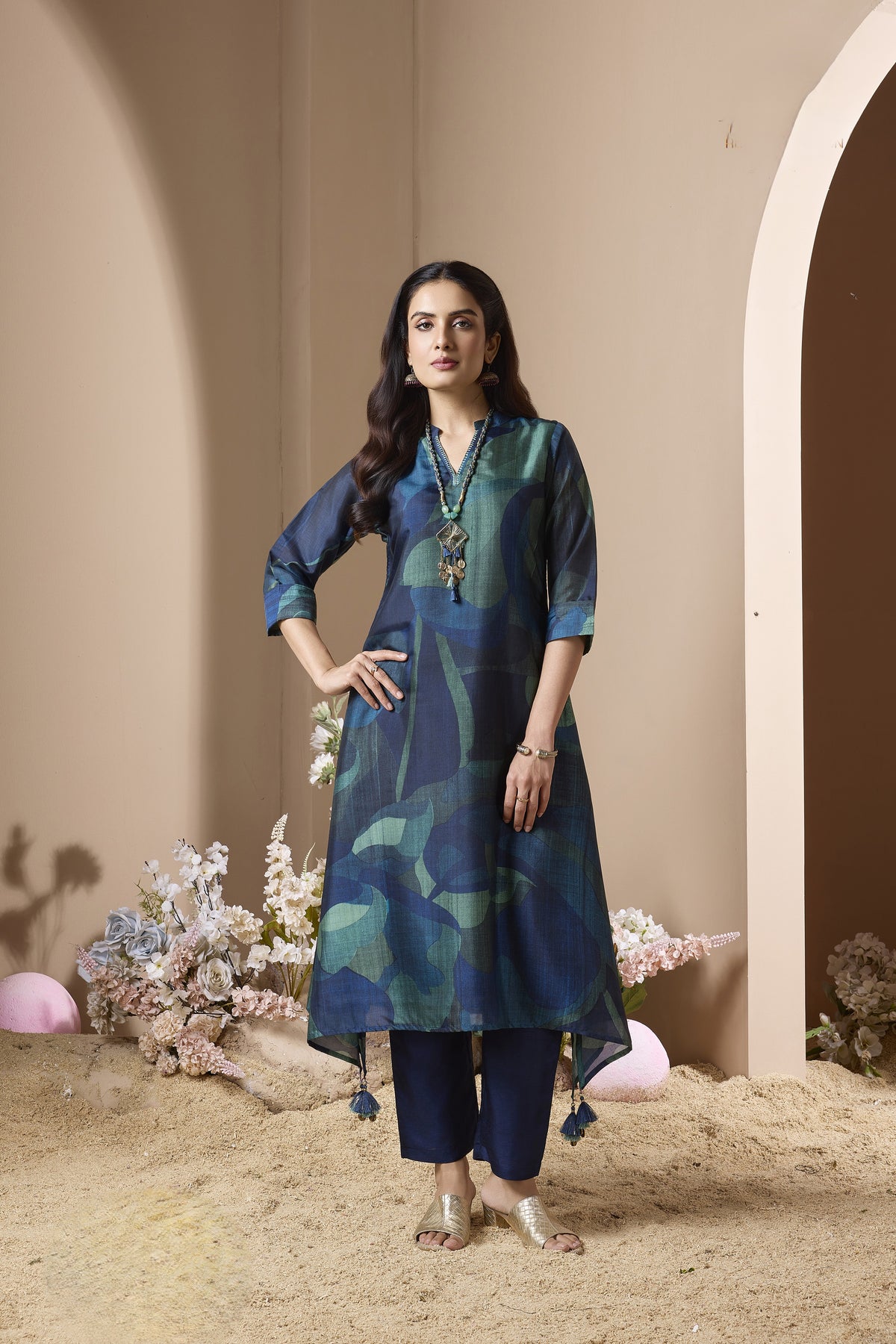 Navy Blue Printed Chinon Silk Pant Set