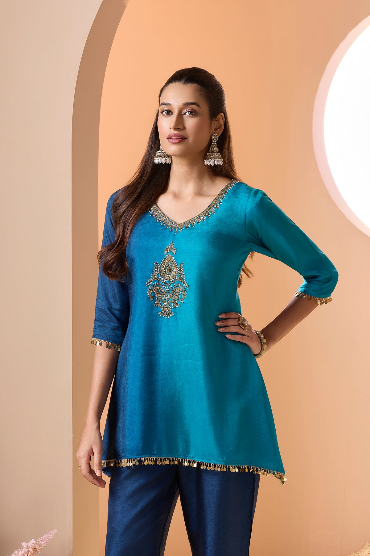 Royal Blue Embellished Raw Silk Palazzo Set