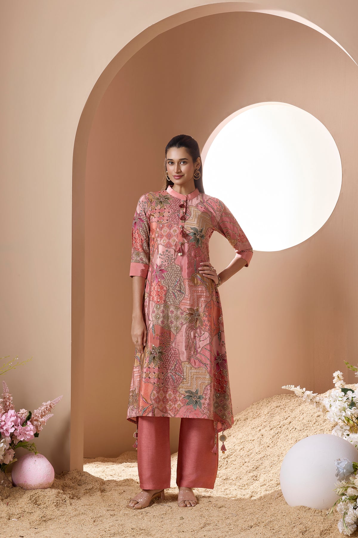 Dusty Pink Embellished Crepe Silk Pant Set