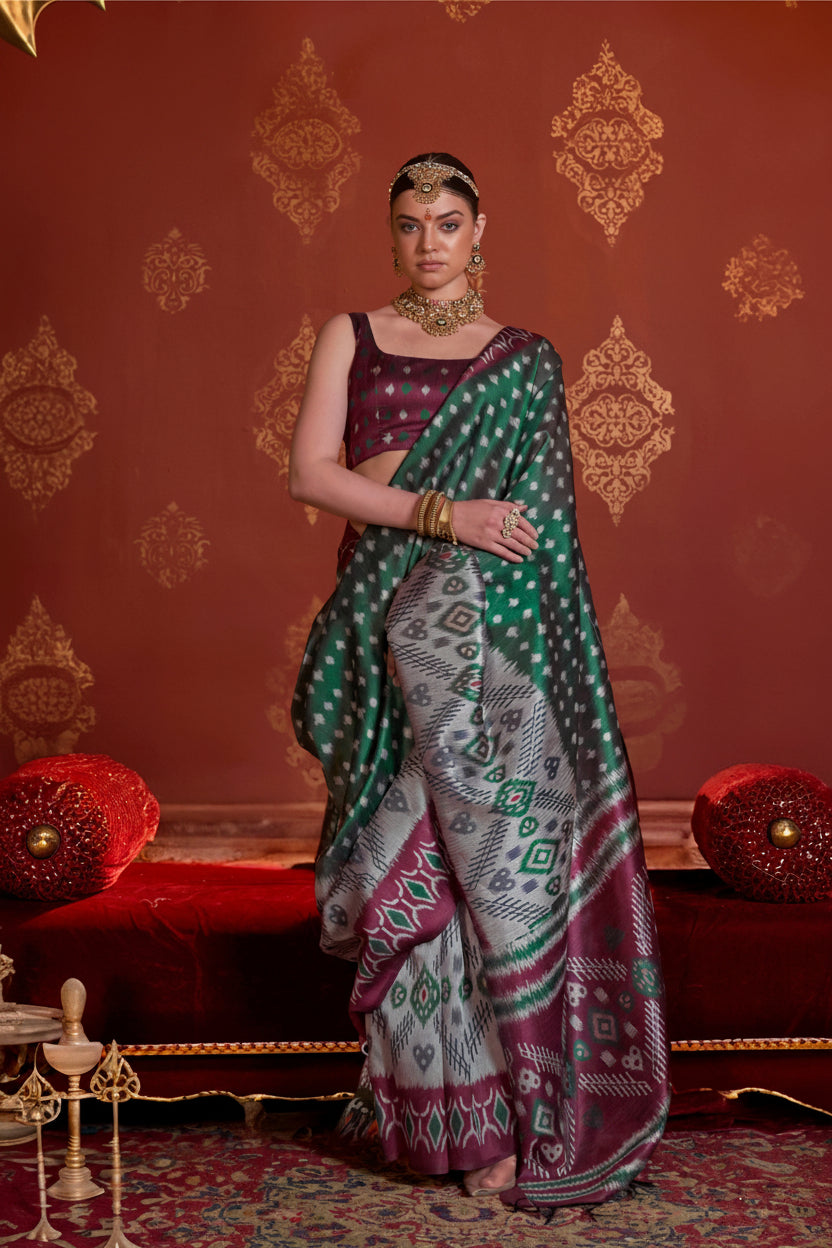 Burgundy Green Printed Premium Silk Saree