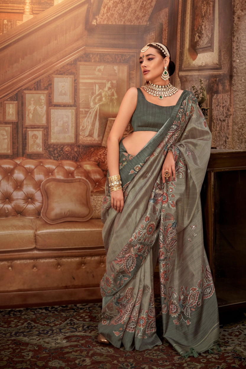 Olive Grey Printed Tussar Silk Saree