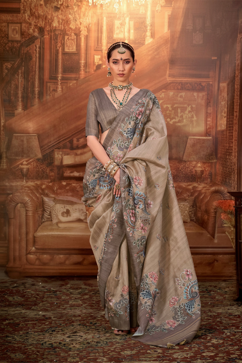 Beige Taupe Printed Tussar Silk Saree