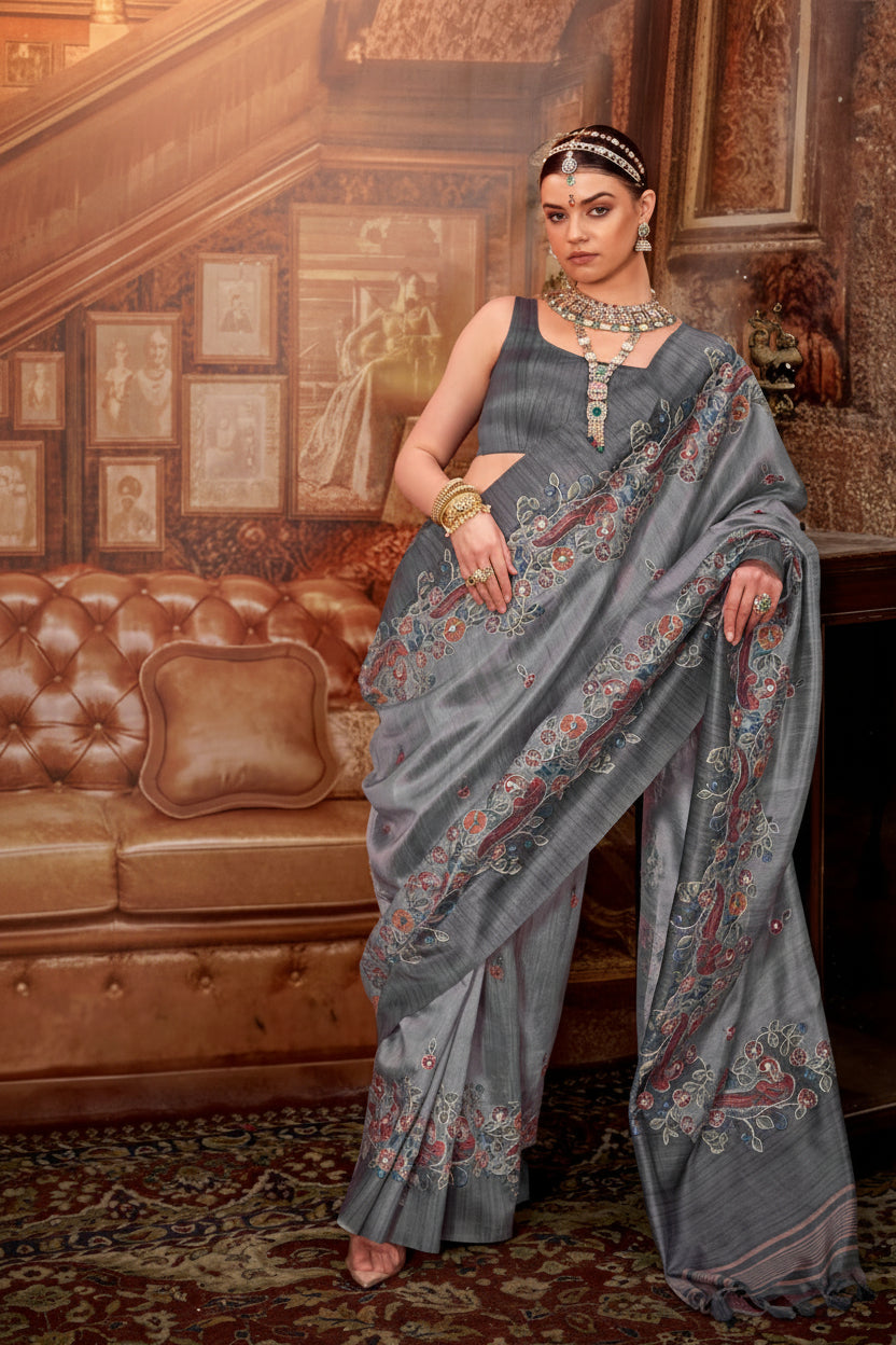 Charcoal Grey Printed Tussar Silk Saree