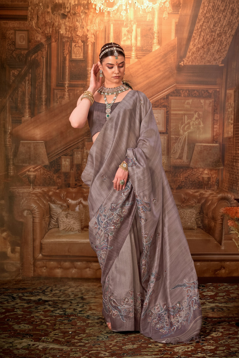 Mauve Grey Printed Tussar Silk Saree