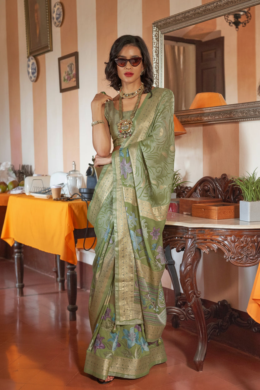 Sage Green Printed Georgette Silk Saree