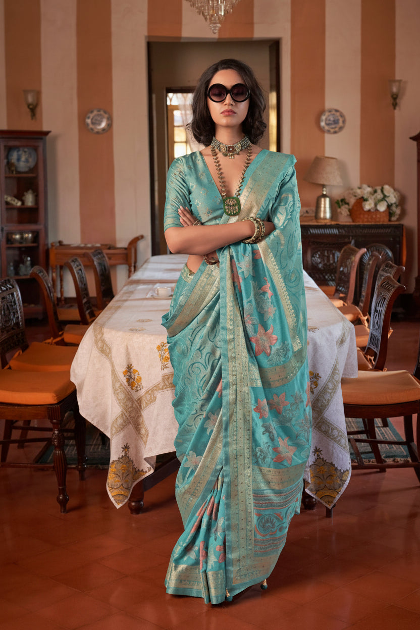 Blue Haze Printed Georgette Silk Saree