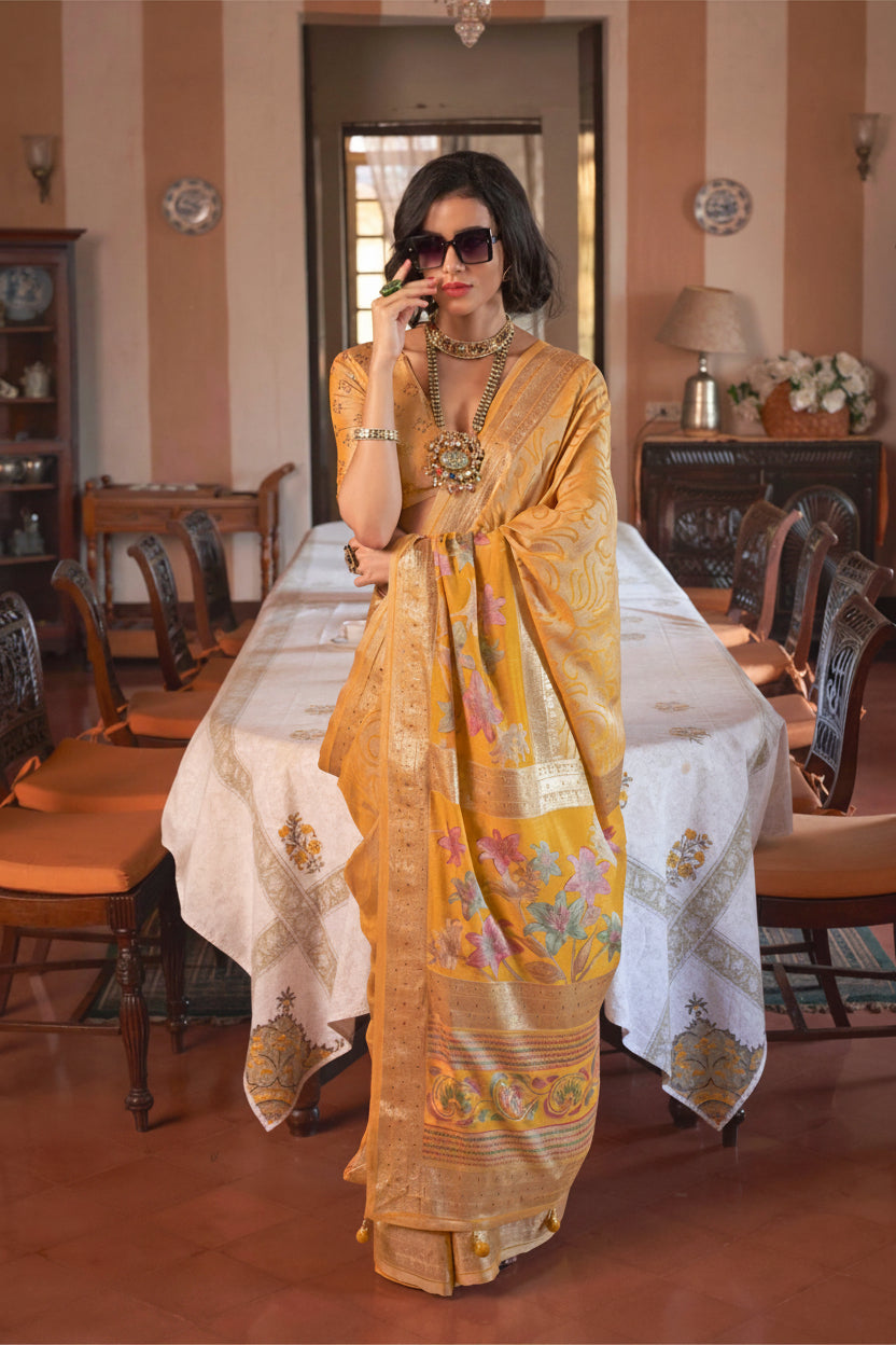 Marigold Yellow Printed Georgette Silk Saree
