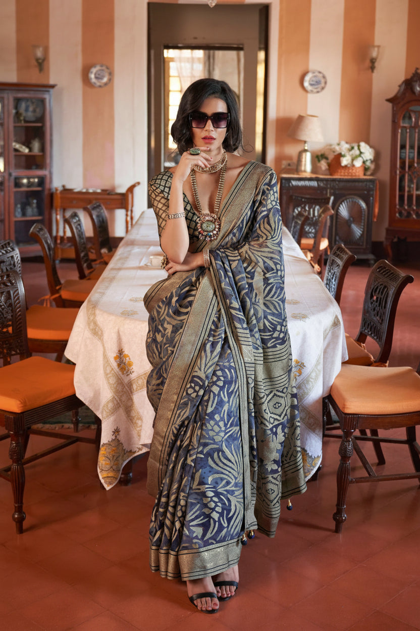 Slate Blue Printed Georgette Silk Saree