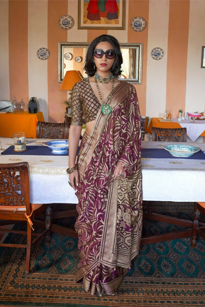 Plum Wine Printed Georgette Silk Saree