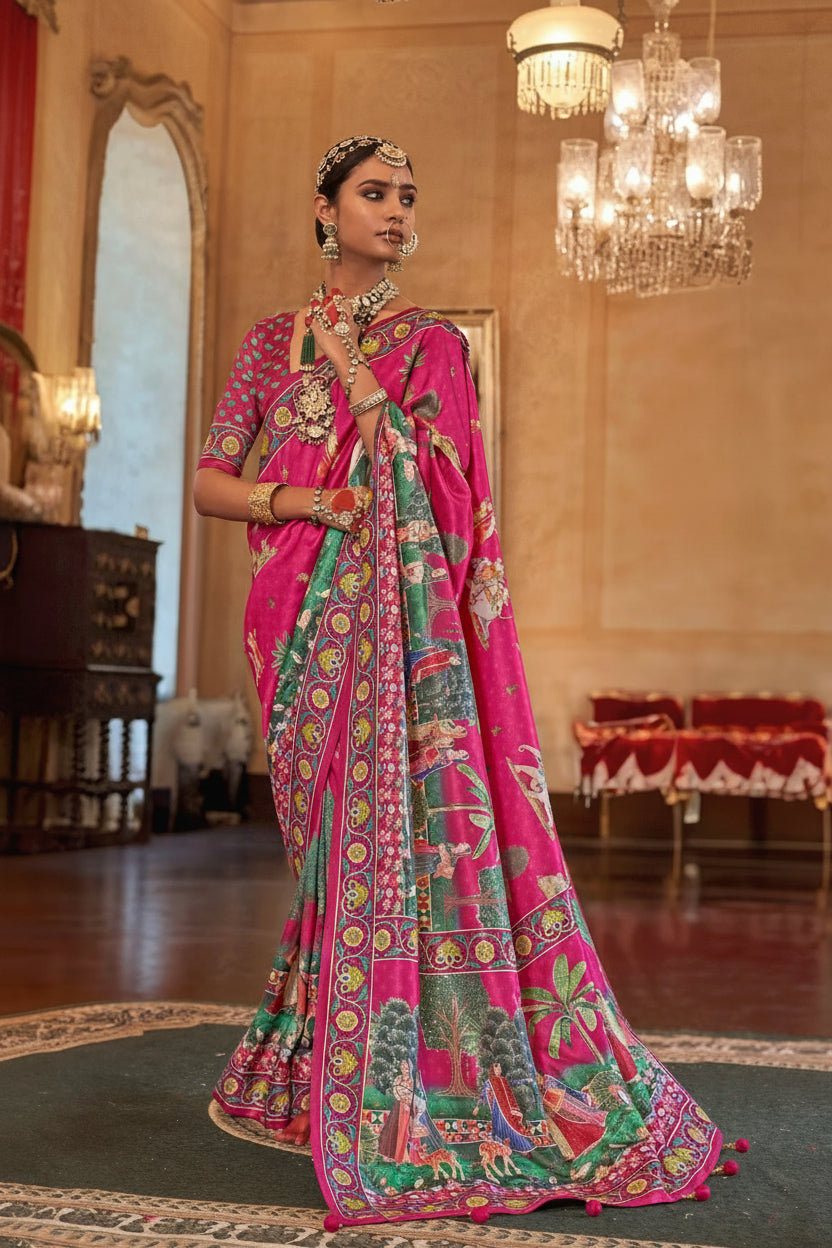 Fuchsia Pink Printed Premium Silk Saree