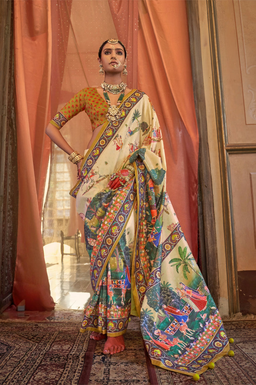 Cream Ivory Printed Premium Silk Saree