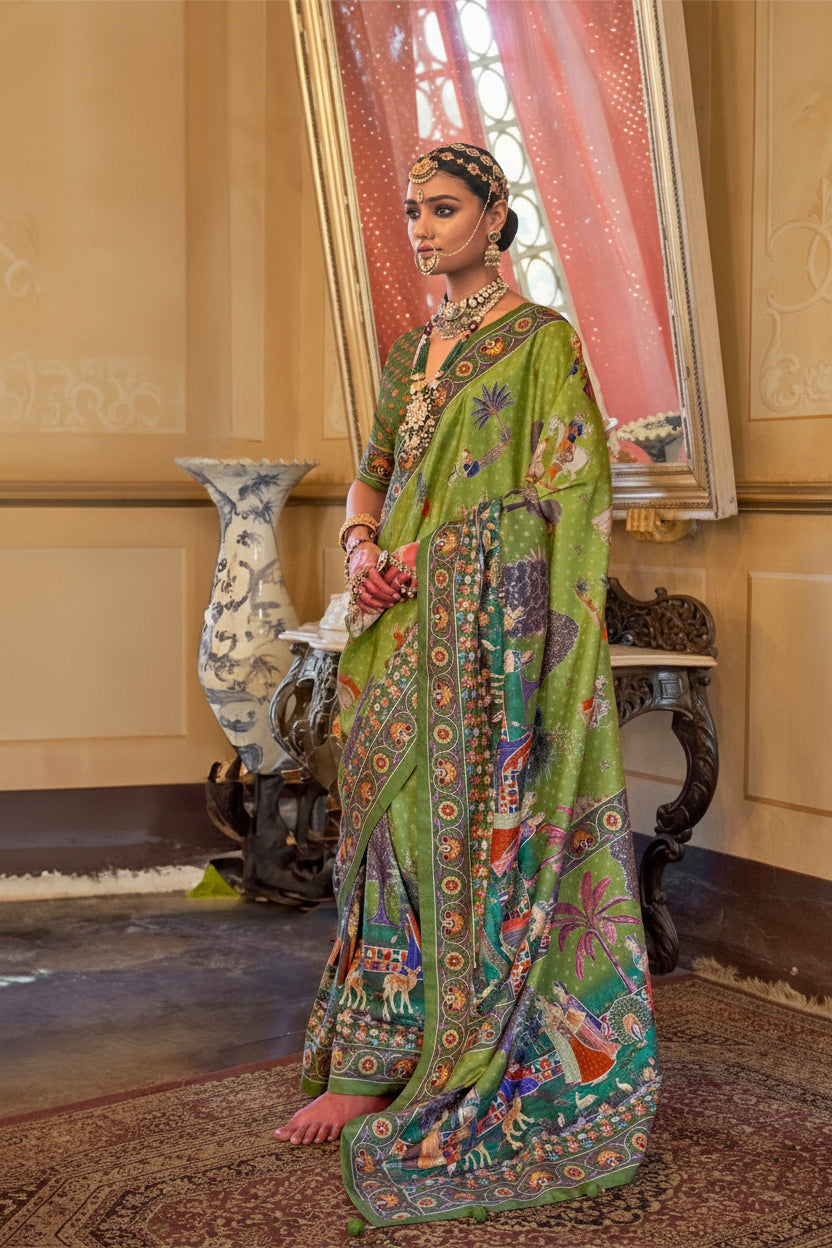 Mist Green Printed Premium Silk Saree