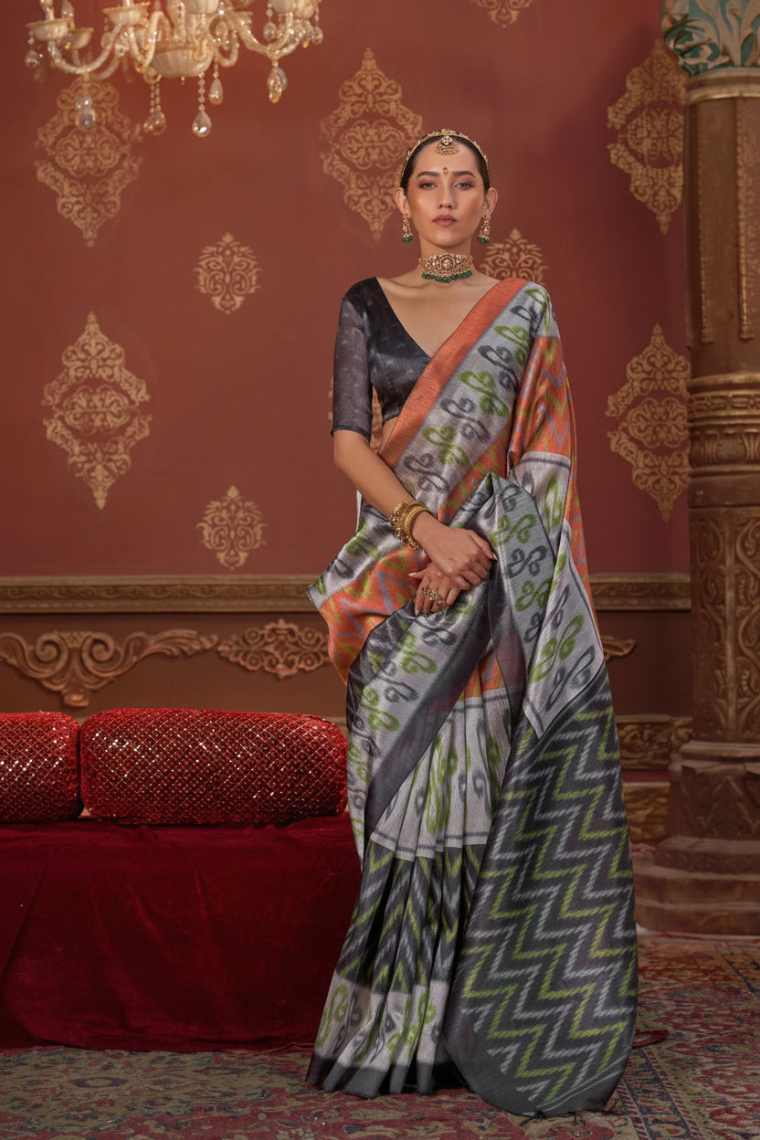 Dove Grey Printed Premium Silk Saree