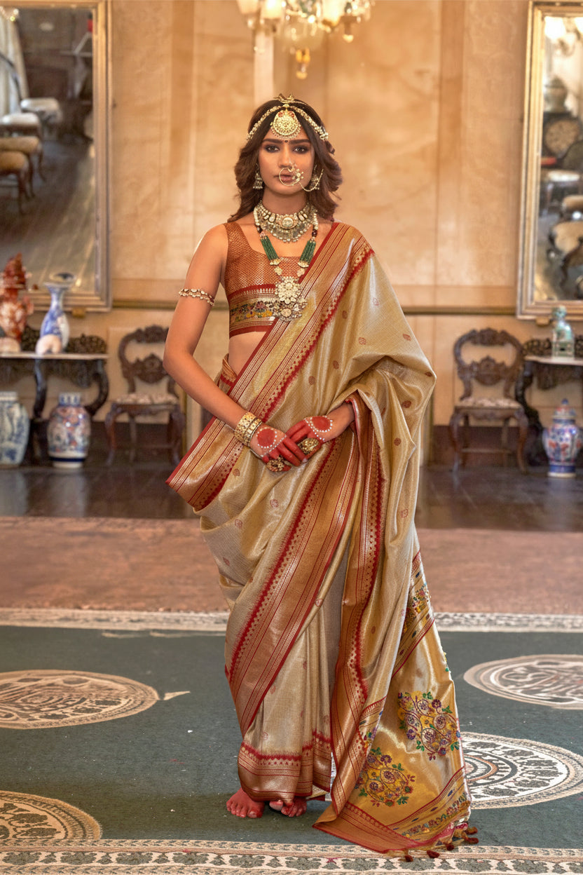 Beige Gold Organza Tissue Silk Saree