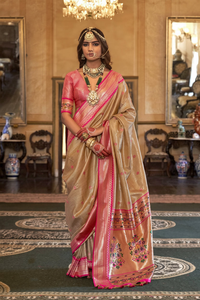Beige Pink Organza Tissue Silk Saree