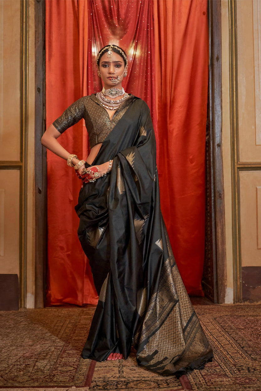 Graphite Black Zari Premium Soft Silk Saree