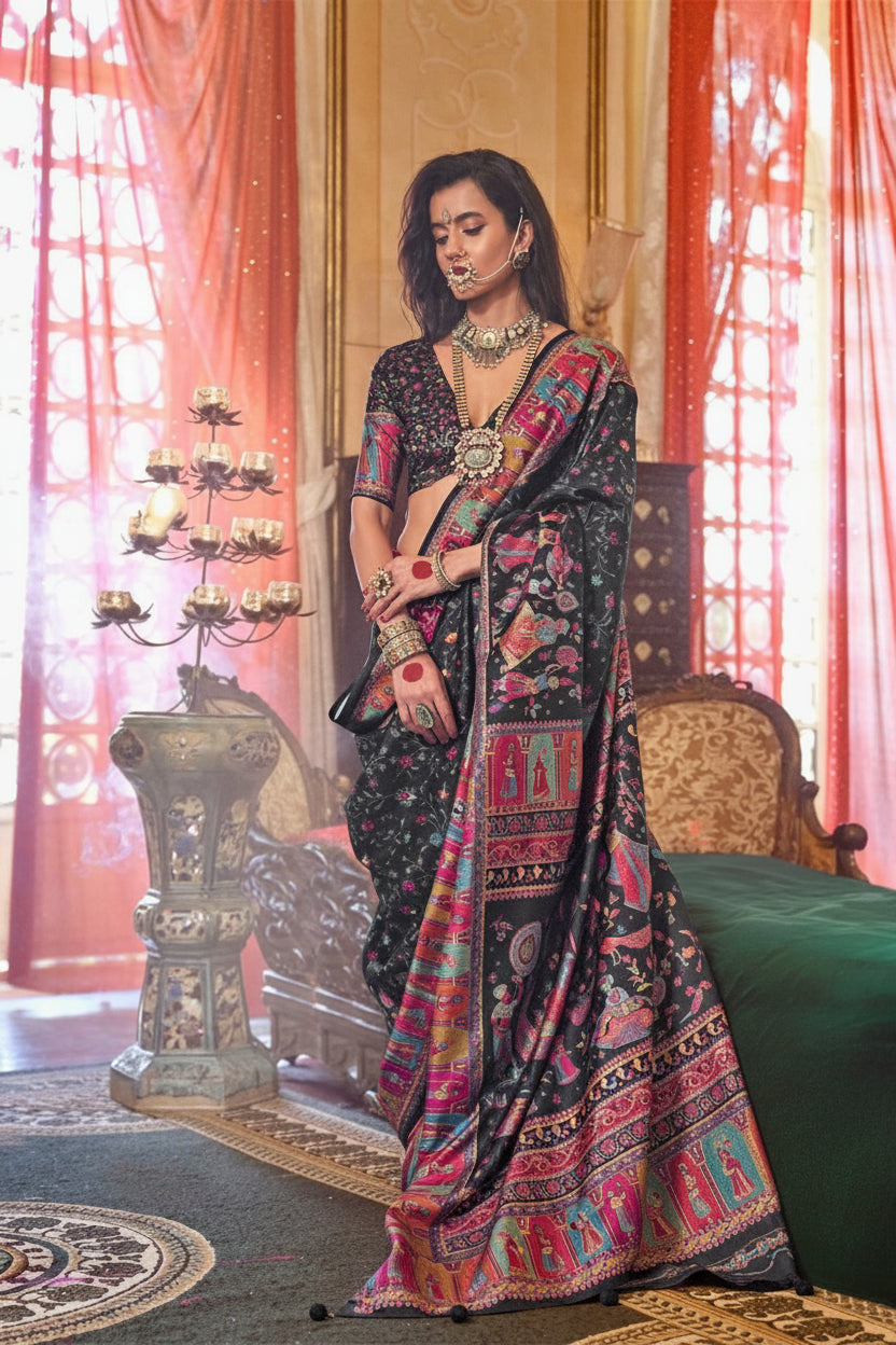Black Printed Georgette Silk Saree