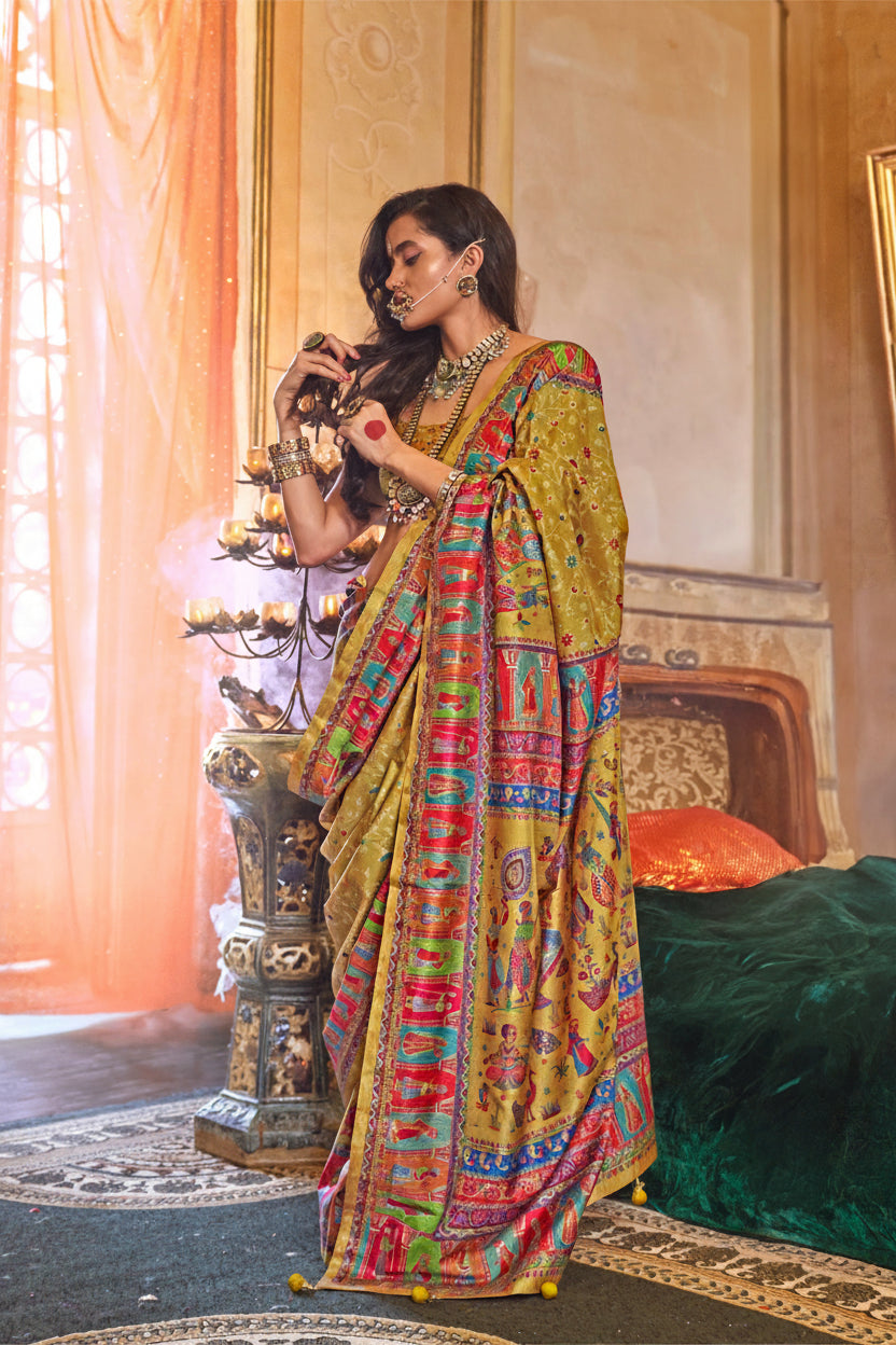 Pale Yellow Printed Georgette Silk Saree