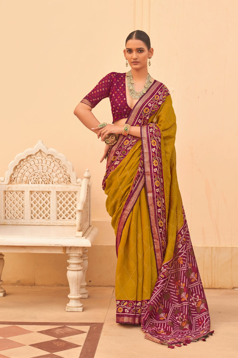 Mustard Wine Printed Chanderi Silk Saree
