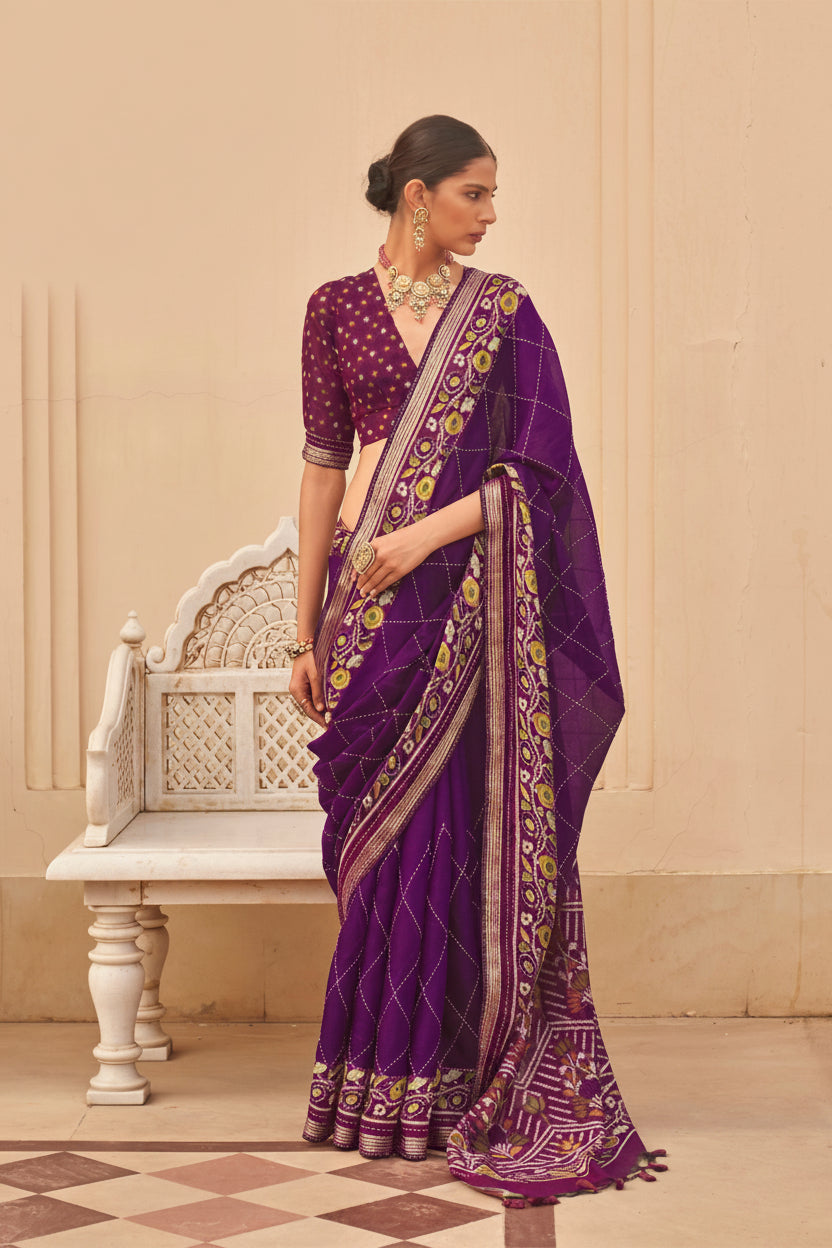 Royal Purple Printed Chanderi Silk Saree