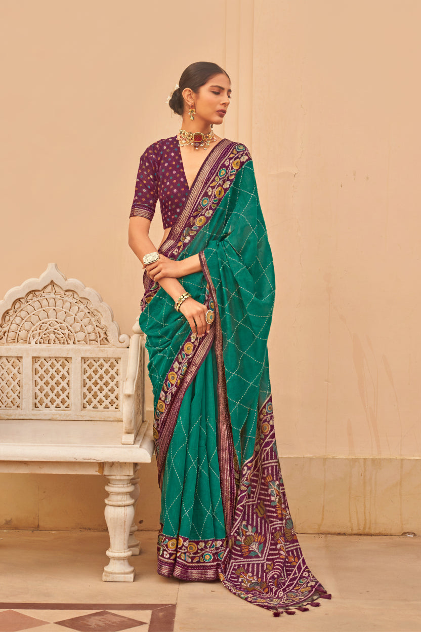 Teal Green Printed Chanderi Silk Saree