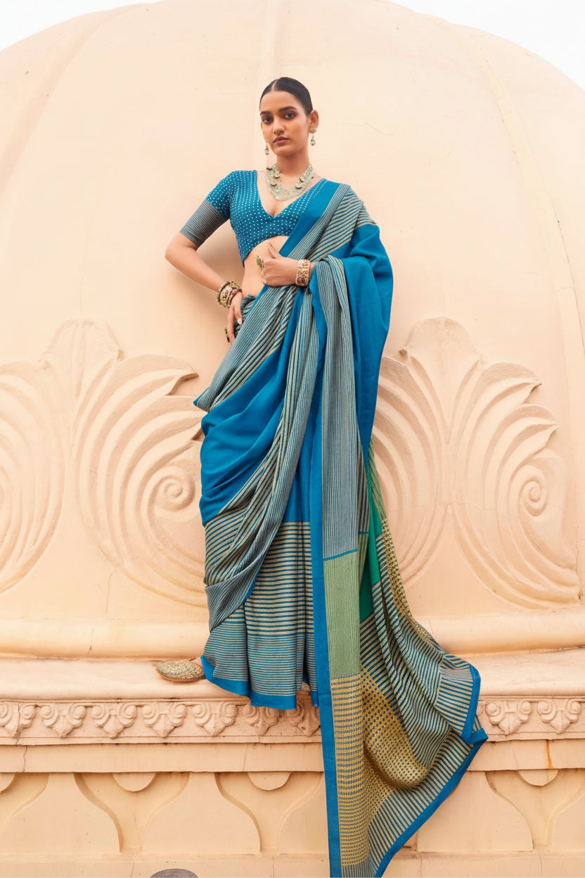 Azure Blue Printed Crepe Silk Saree
