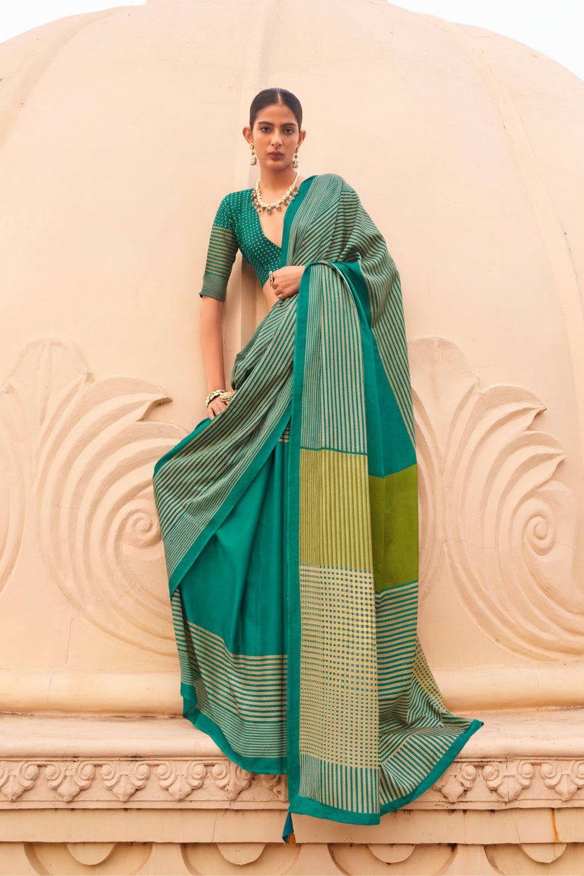 Teal Green Printed Crepe Silk Saree