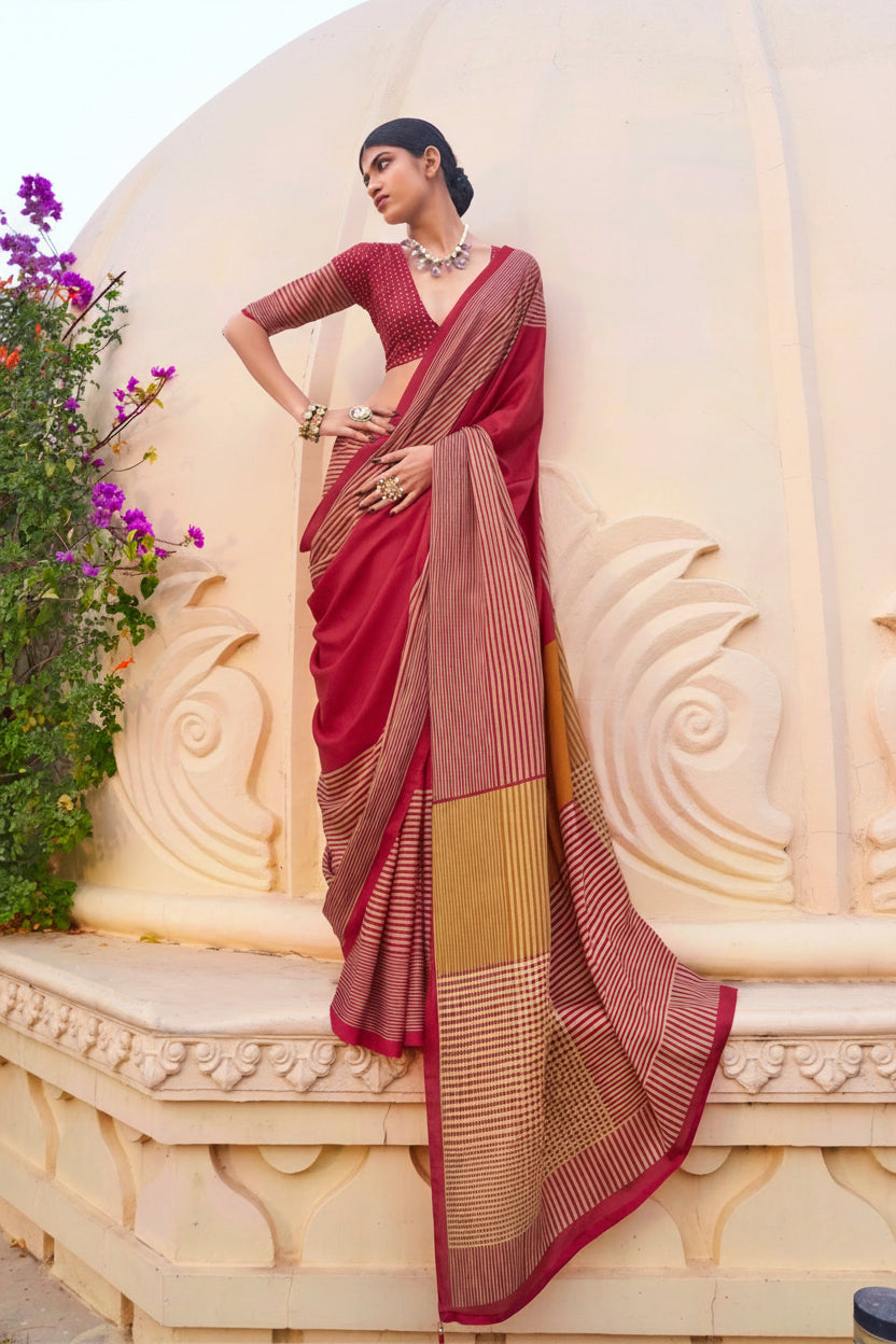 Scarlet Red Printed Crepe Silk Saree