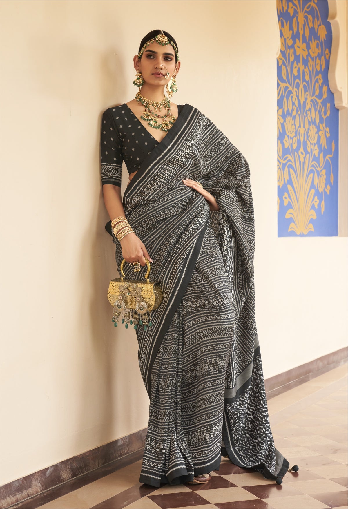 Deep Black Printed Premium Silk Saree