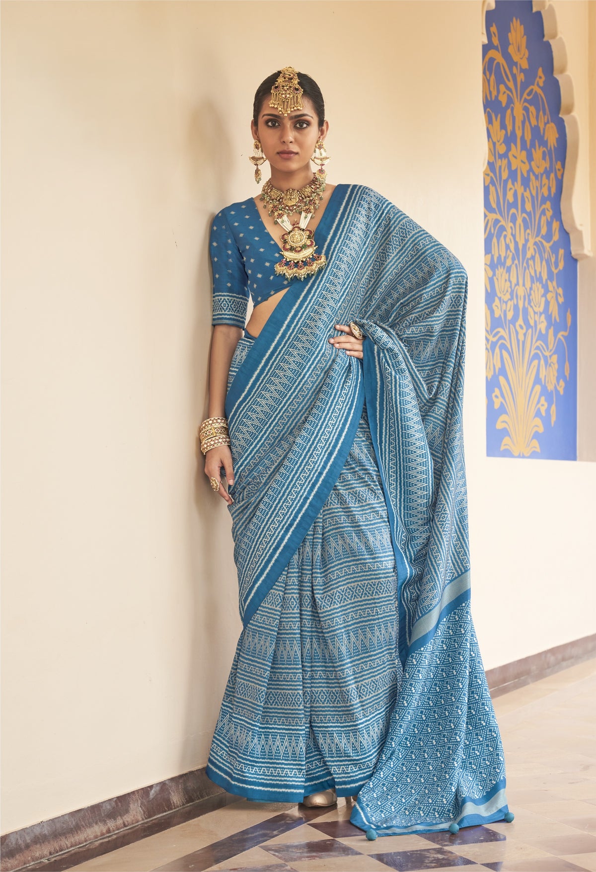 Sky Blue Printed Premium Silk Saree