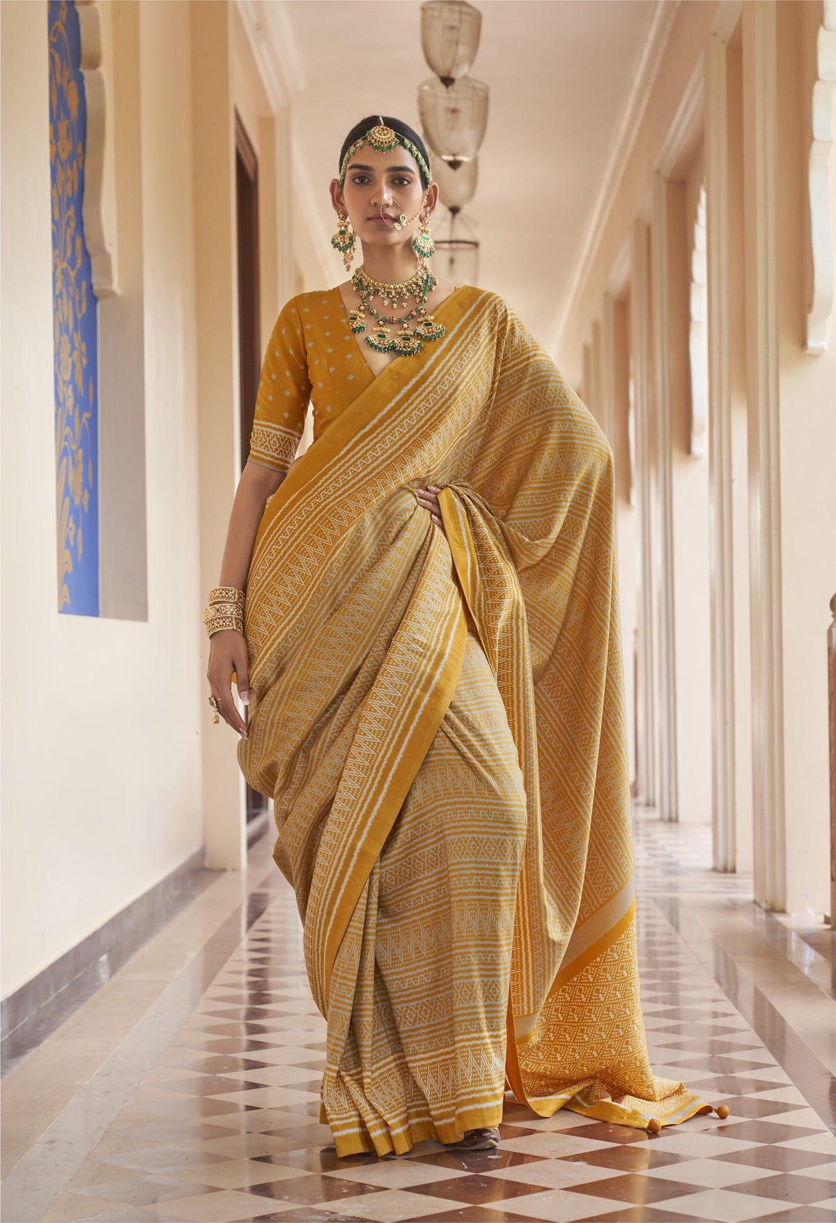 Mustard Yellow Printed Premium Silk Saree