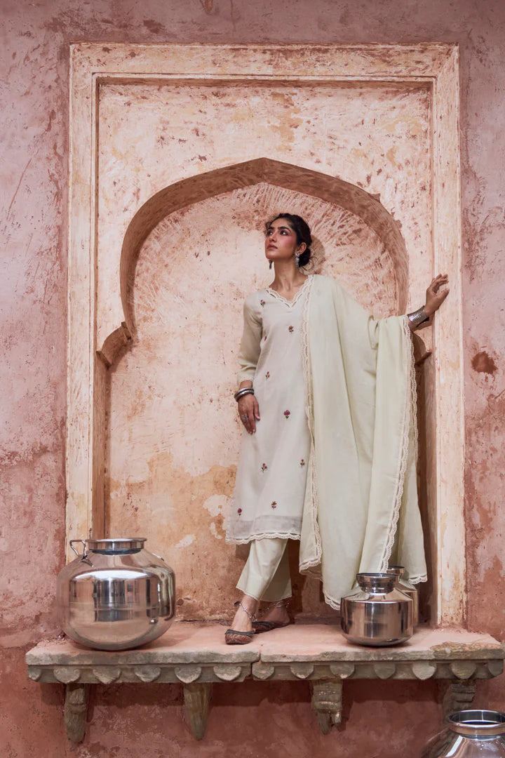 Soft Beige Embroidered Kota Doria Pant Set