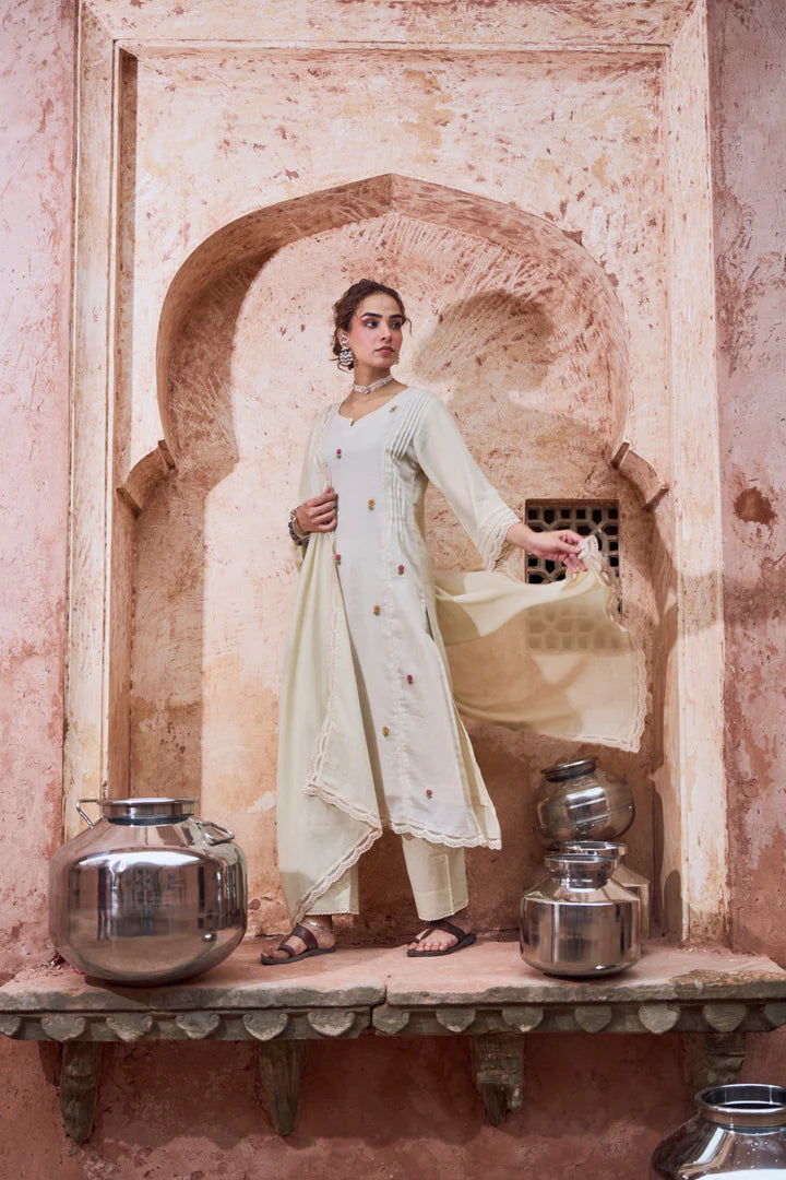 Warm Beige Embroidered Kota Doria Pant Set
