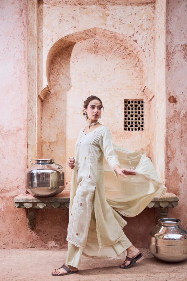 Warm Beige Embroidered Kota Doria Pant Set
