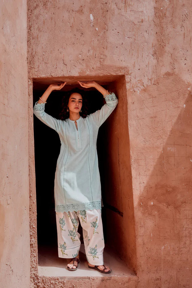 Powder Blue Checks Mul-Cotton Kurta Set