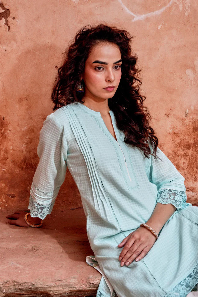 Powder Blue Checks Mul-Cotton Kurta Set