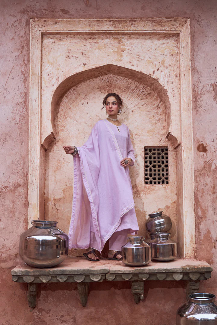 Lilac Beaded Kota Doria Pant Set