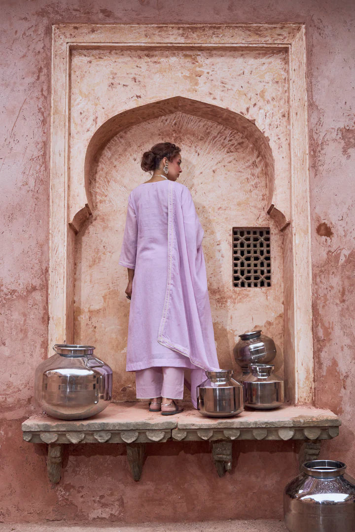 Lilac Beaded Kota Doria Pant Set