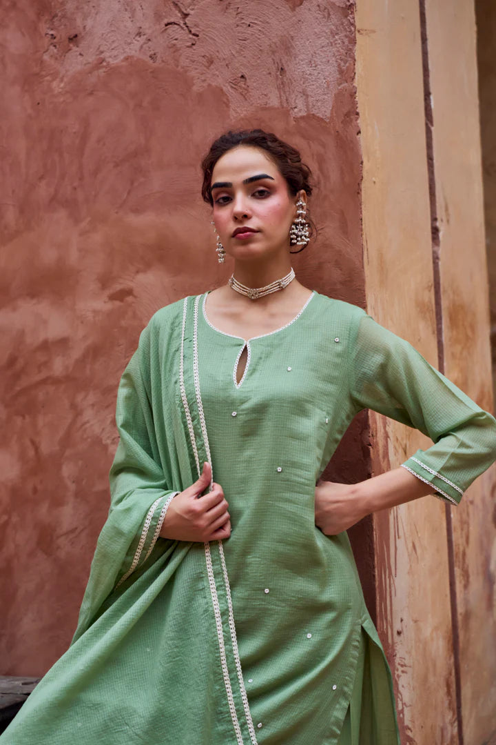 Sage Green Beaded Kota Doria Pant Set