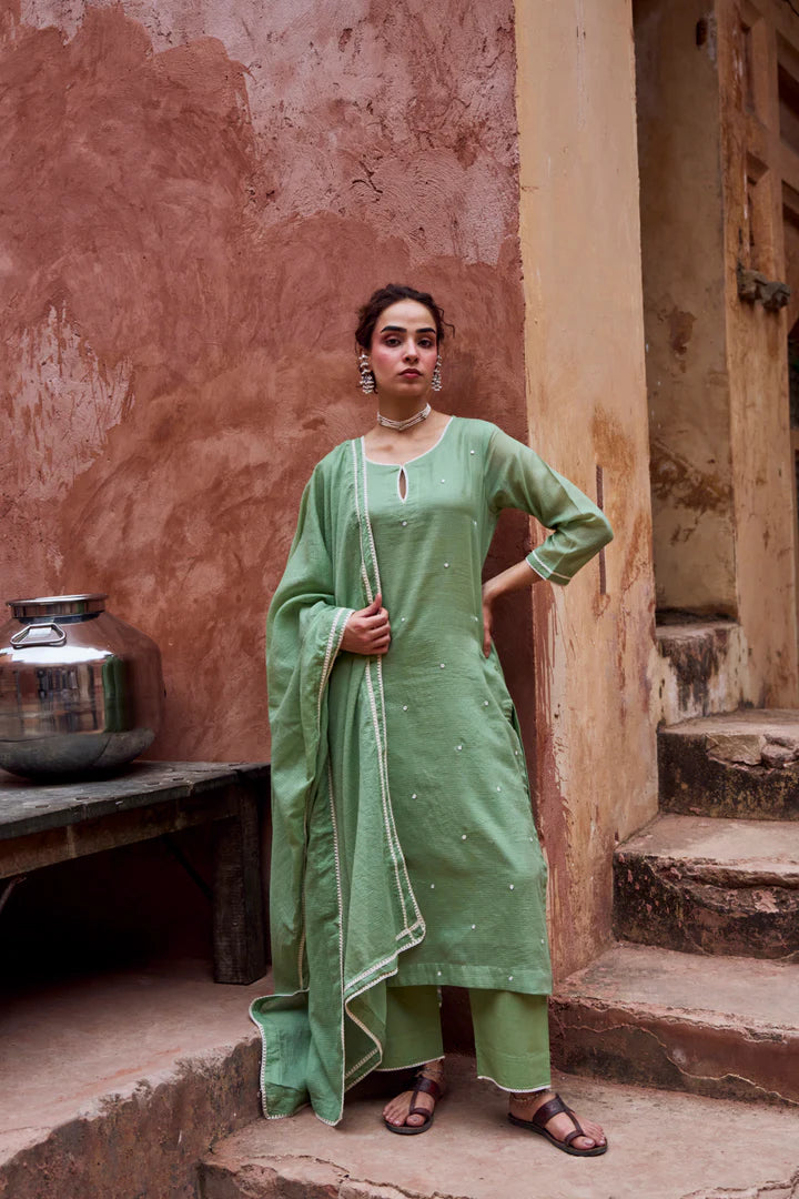 Sage Green Beaded Kota Doria Pant Set
