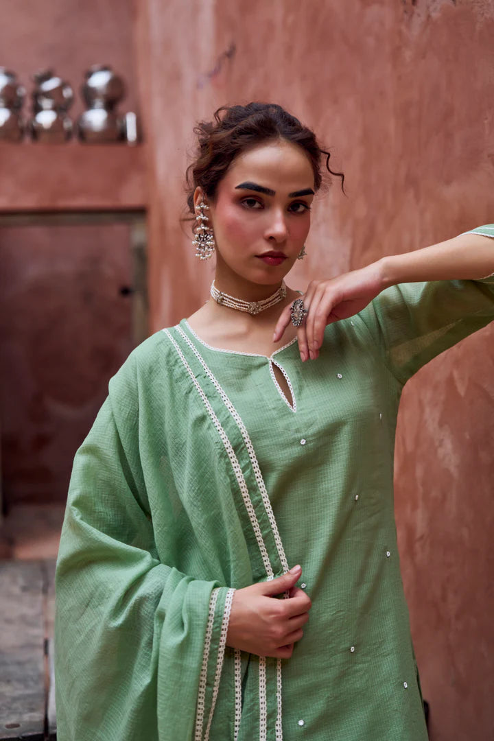 Sage Green Beaded Kota Doria Pant Set