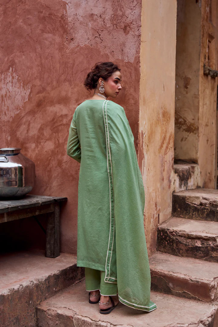 Sage Green Beaded Kota Doria Pant Set