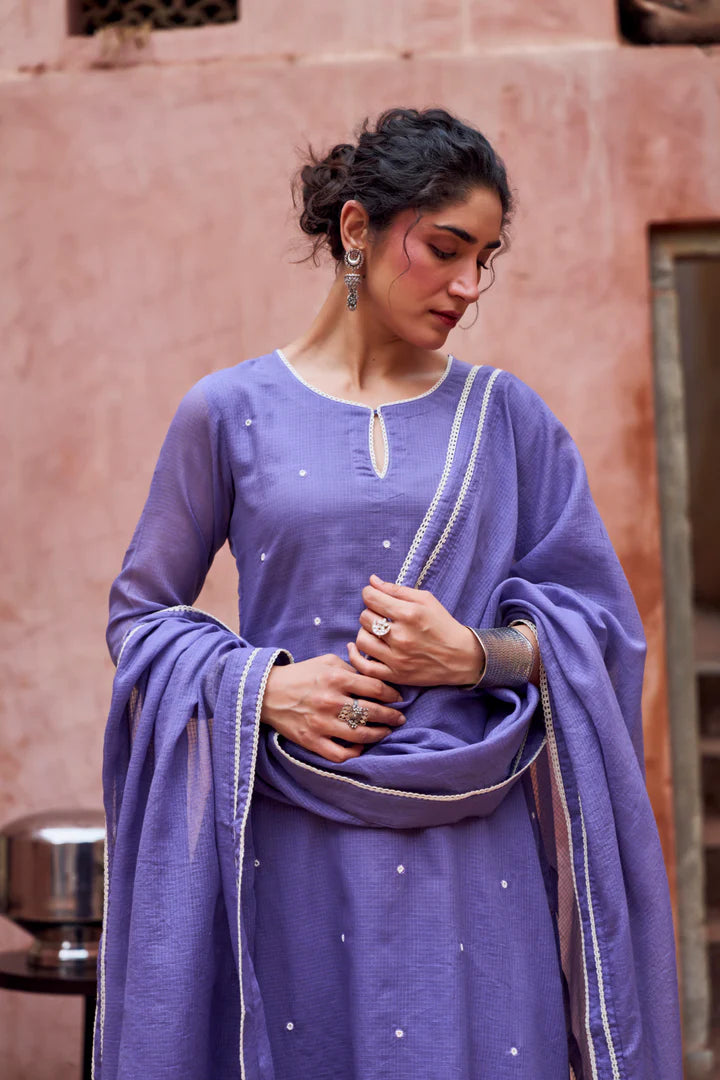 Violet Beaded Kota Doria Pant Set