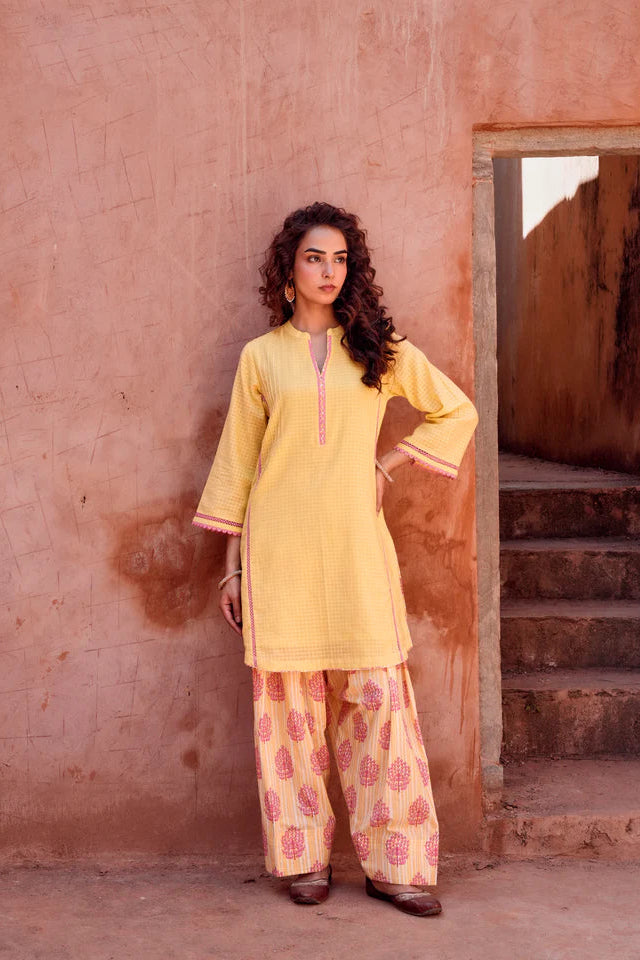 Lemon Yellow Textured Mul-Cotton Kurta Set