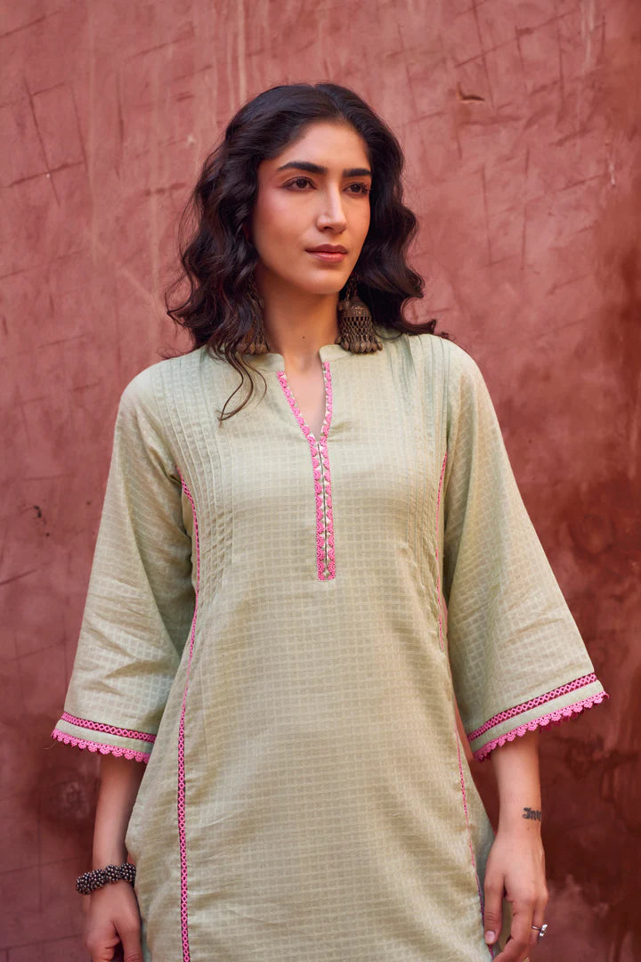 Pista Green Textured Mul-Cotton Kurta Set