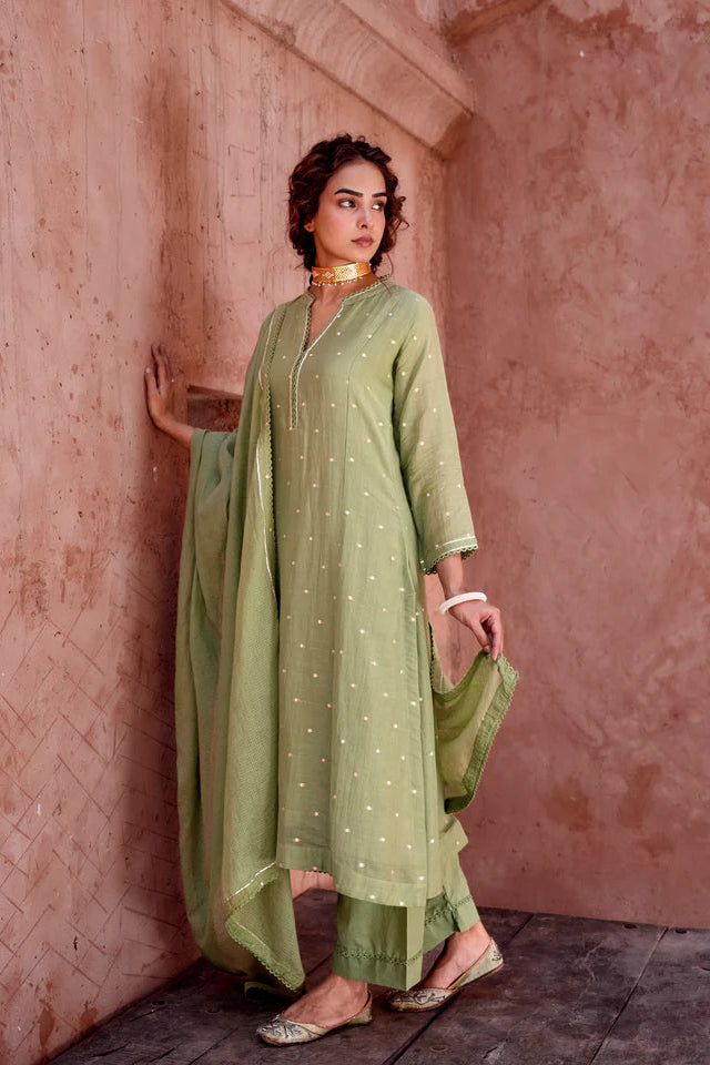 Sage Green Zari Dotted Mul-Cotton Pant Set
