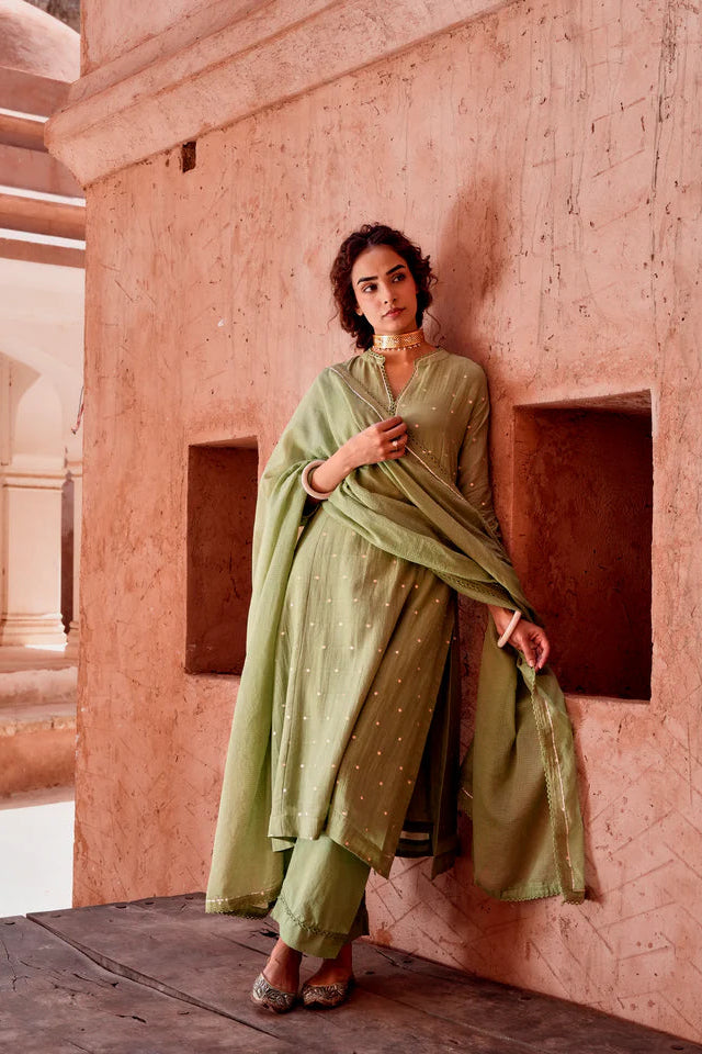 Sage Green Zari Dotted Mul-Cotton Pant Set