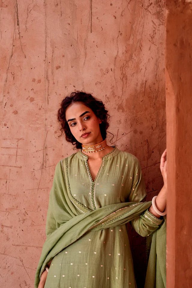 Sage Green Zari Dotted Mul-Cotton Pant Set