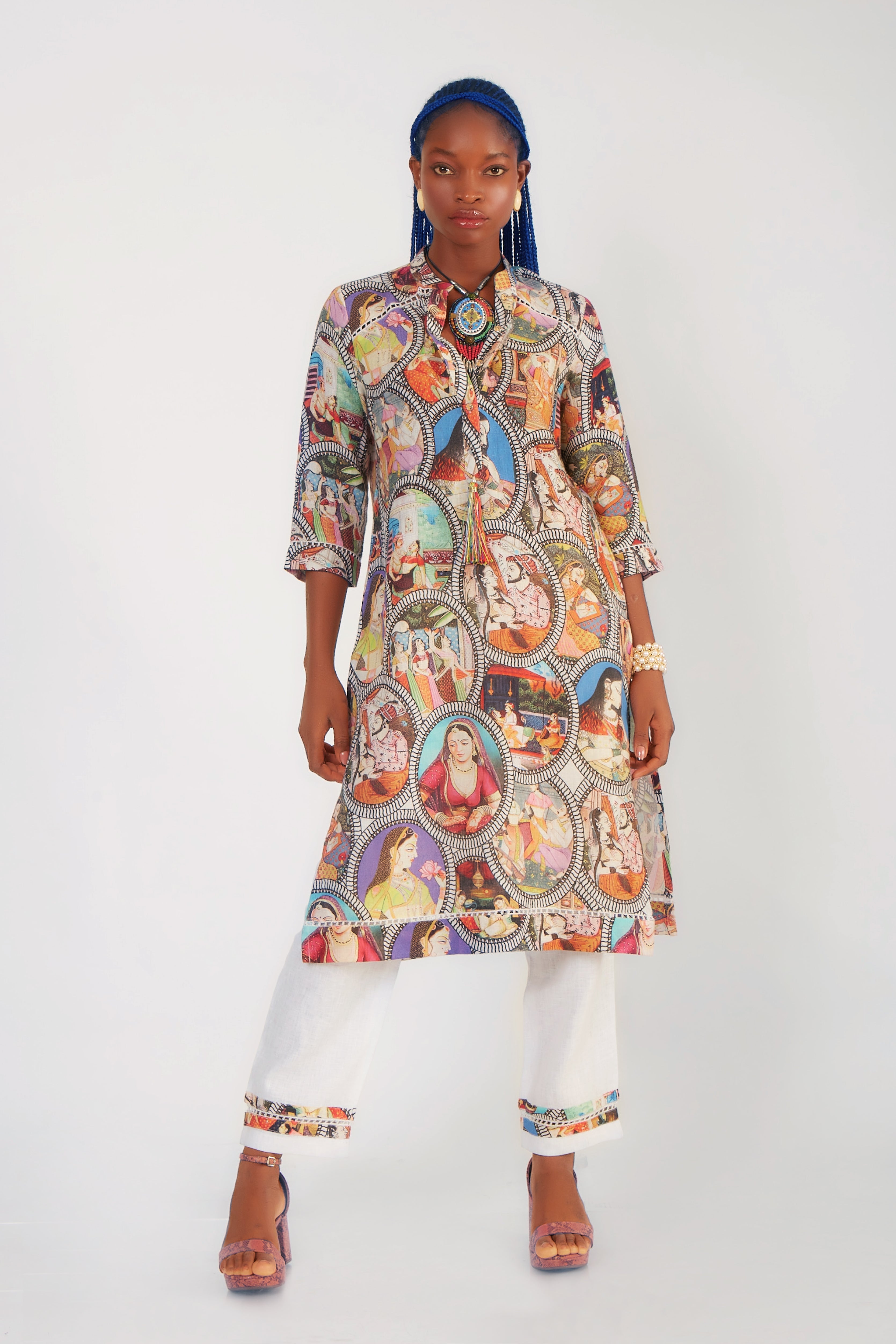 Multicolor Traditional Printed German Linen Kurta Set