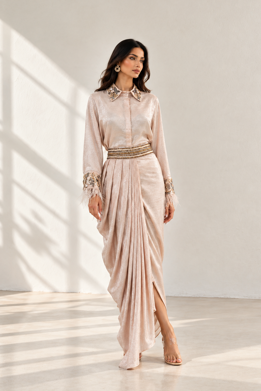 Pale Blush Embellished Shimmer Silk Dress